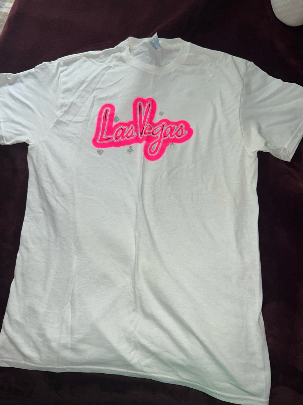 Las Vegas Neon Pink Script Tee, Crew neck medium, women short sleeve white